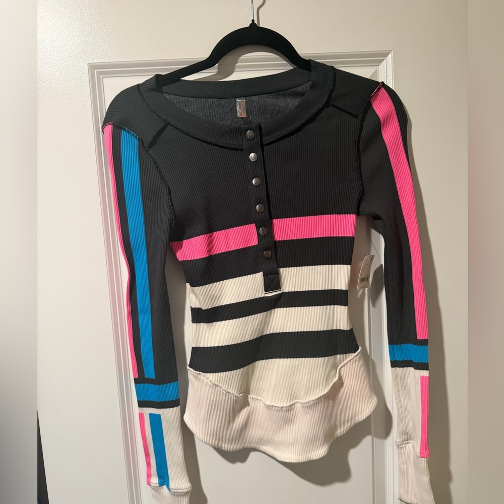 Free People Black Top with Hot Pink and Cream Stripes Henley 🔥 Size XS - Picture 2 of 5